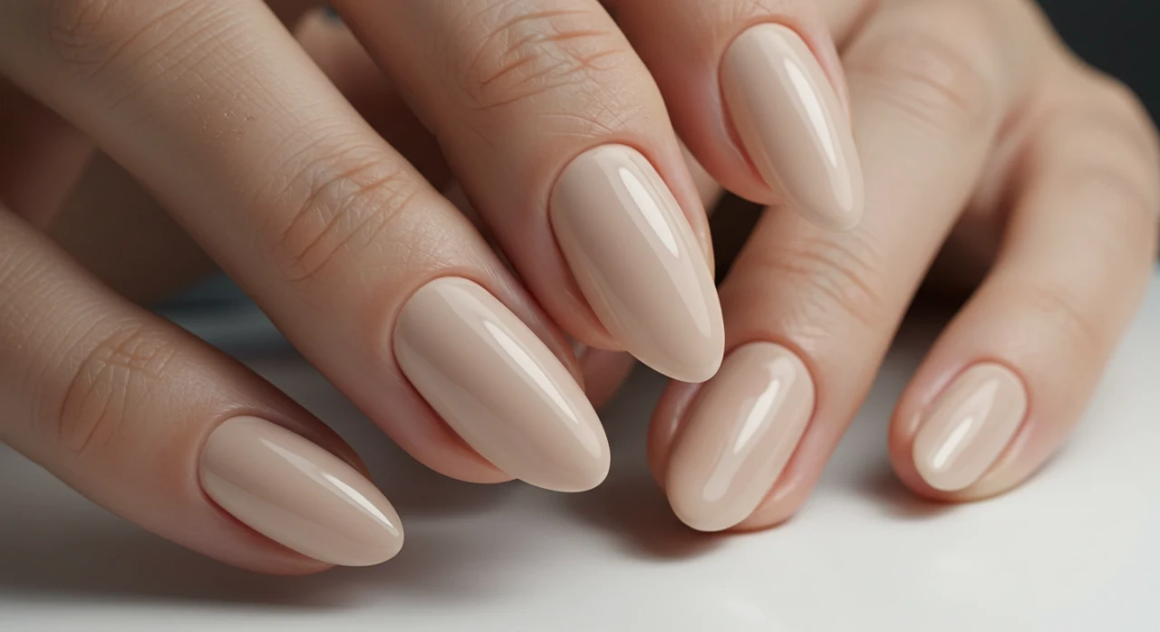 Unhas redondas curtas em tom nude, perfeitas para um visual minimalista e elegante.