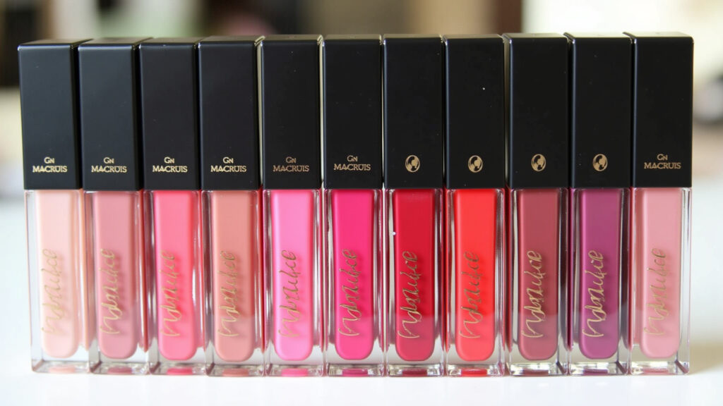 Imported lip tints, luxury brands, elegant packaging, studio lighting, product photography, 8K Lip tints importados de marcas de luxo com embalagens elegantes.