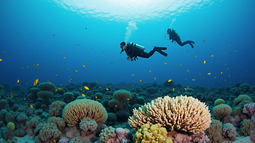 Islas de la Bahia, Honduras, diverse marine life, scuba divers, vibrant coral reefs, professional Mergulhadores explorando a diversidade marinha nas Islas de la Bahía, Honduras.