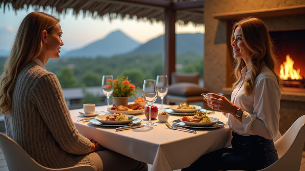 Itaipava: Woman enjoying a sophisticated meal with mountain views, cozy fireplace, natural Mulher apreciando gastronomia sofisticada em Itaipava.