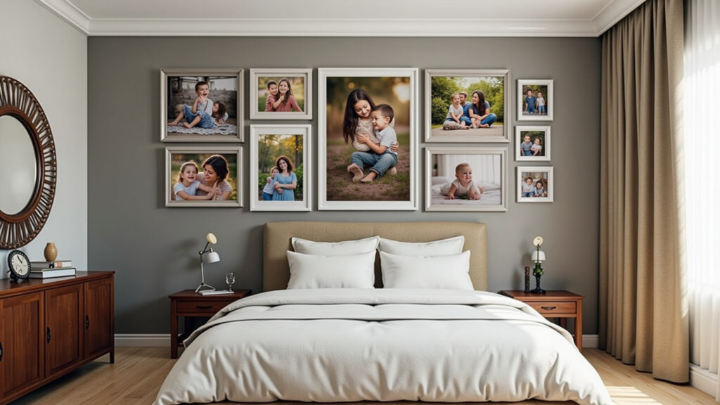 Large photo wall mural, diverse frames, family memories, living room decor, Brazilian art, Mural de fotos na parede da sala, com diversas molduras.