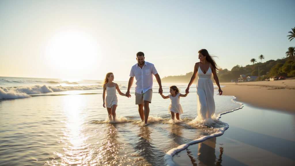 Leblon beach, calm waters, family atmosphere, professional photography, 8K, hyper-realistic, Praia do Leblon: tranquilidade e segurança para mulheres.