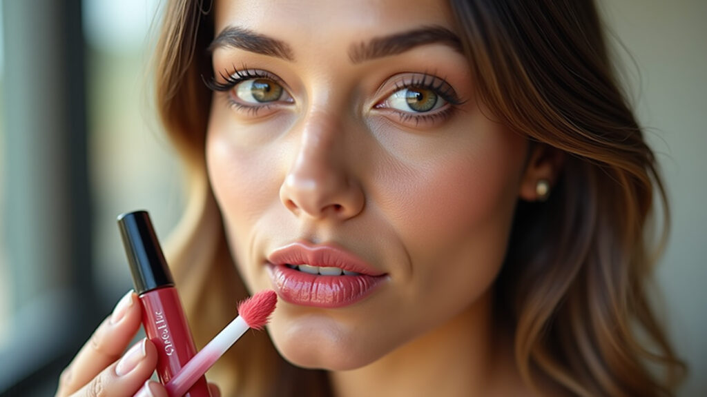 Lip tint combined with blush and mascara, natural light, lifestyle photography, 8K quality, Lip tint combinado com blush e máscara de cílios para um look completo.