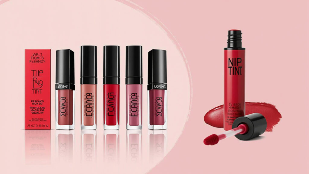 Lip tints with excellent cost-benefit, affordable brands, vibrant colors, product photography, 8K Lip tints com excelente custo-benefício e cores lindas.