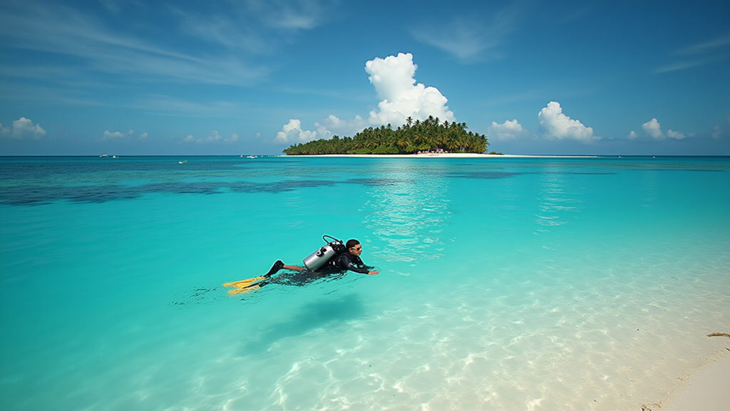 Little Corn Island, Nicaragua, pristine waters, scuba diving, white sand beaches, professional Mergulho em águas cristalinas em Little Corn Island, Nicarágua.