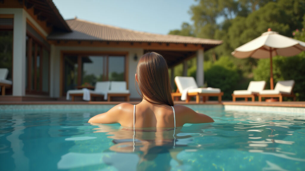 Luxury farm hotel in Southeast Brazil, woman relaxing by the pool, 8K quality, natural lighting, Mulher relaxando à beira da piscina em um hotel fazenda de luxo no sudeste do Brasil.