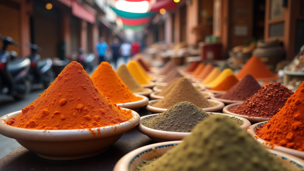 Marrakech souk, vibrant spices, professional photography, 8K quality, sharp focus, natural Especiarias coloridas em um souk de Marrakech, Marrocos.