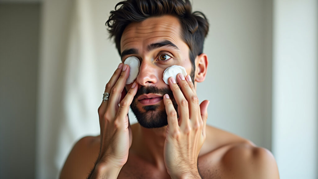 Men's minimalist skincare routine, man applying moisturizer, simple and effective, 8k, professional Skincare minimalista masculino.