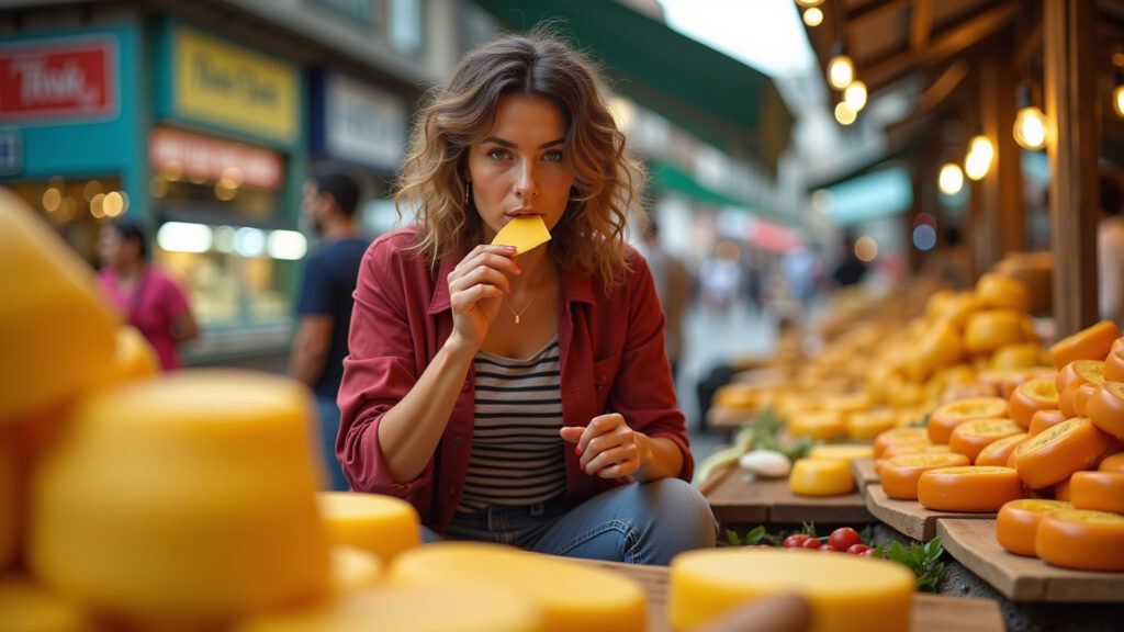 Mercado Central, Belo Horizonte. Woman tasting cheese, vibrant colors, professional photography, 8K Mulher degustando queijo no Mercado Central, BH.