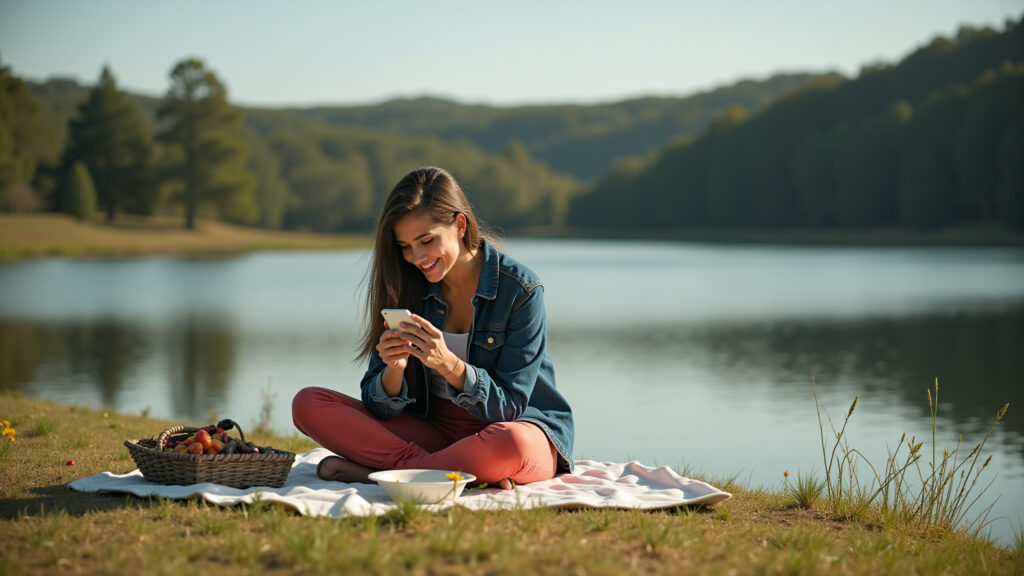 Miguel Pereira: Woman having a picnic by Javary Lake, mild climate, outdoor activities, natural Mulher fazendo piquenique à beira do Lago de Javary em Miguel Pereira.