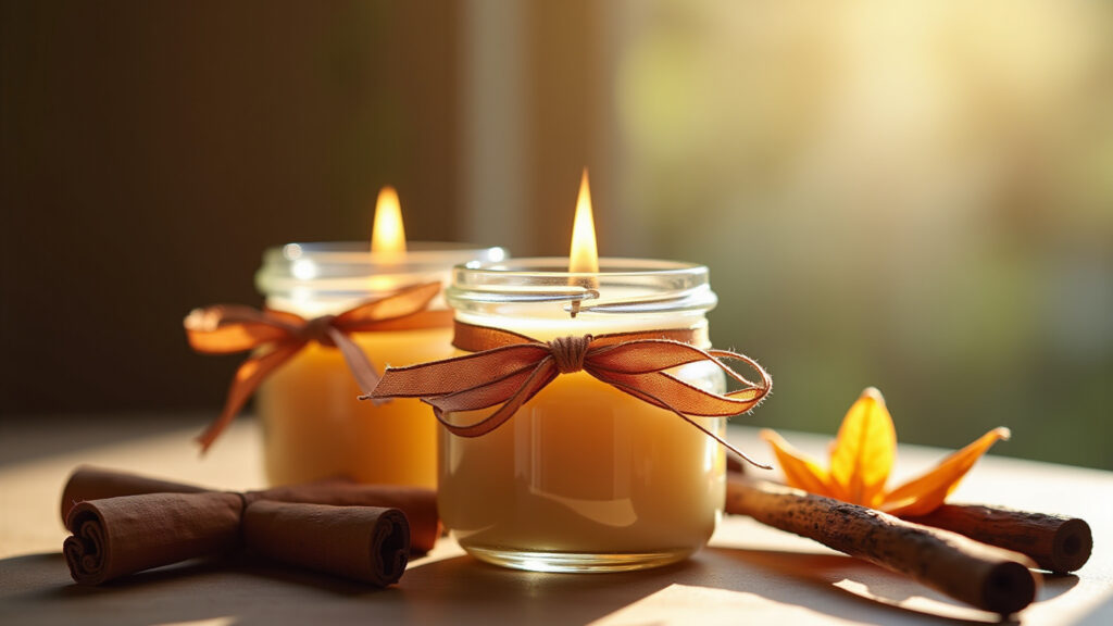 Mini aromatic candles, vanilla, cinnamon, glass jars, ribbons, natural light, 8K quality, lifestyle Mini velas aromáticas para lembrancinha de maternidade.