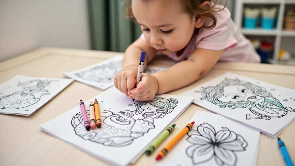 Mini coloring books, maternity theme, crayons, close-up, natural light, 8K quality, commercial Mini livros de colorir personalizados para lembrancinha de maternidade.