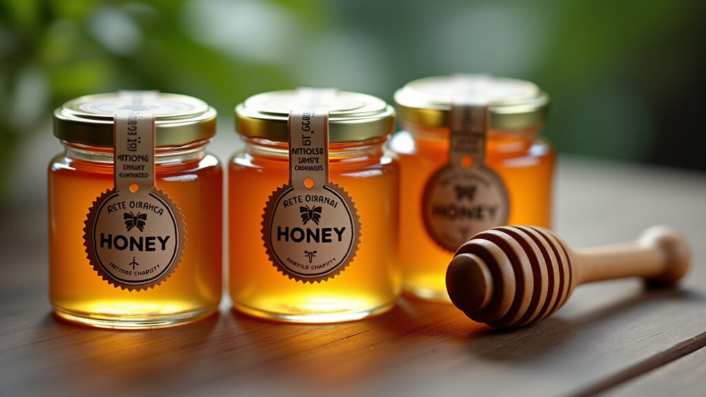 Mini jars of artisanal honey, charming labels, wooden dipper, close-up, natural light, 8K quality, Mini potes de mel artesanal como lembrancinha de maternidade.
