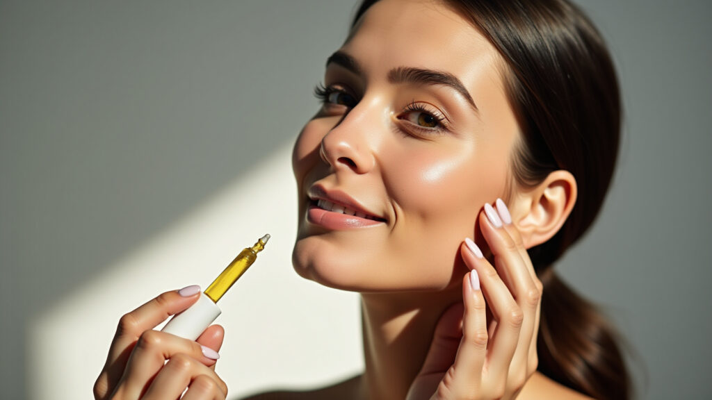 Minimalist skincare routine for oily skin, woman applying serum, natural light, 8k, professional Skincare minimalista para pele oleosa.