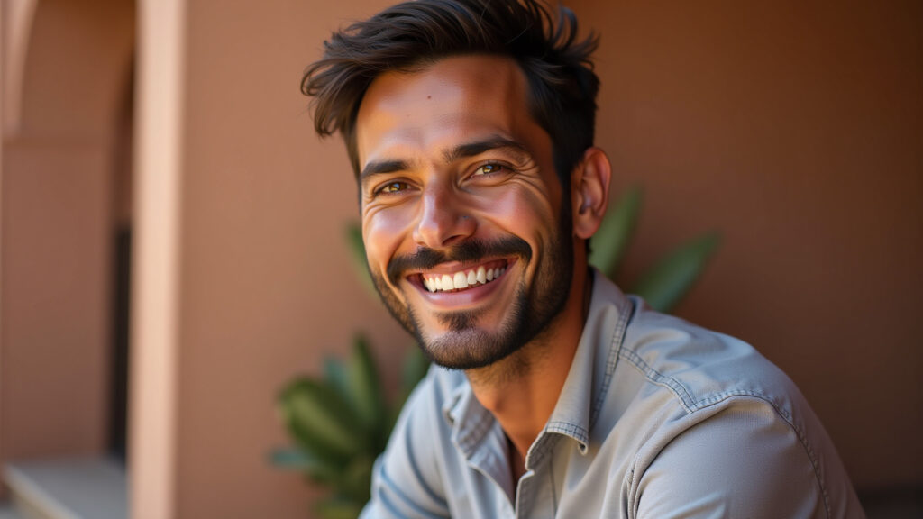 Moroccan hospitality, smiling face, professional photography, 8K quality, sharp focus, natural Sorriso acolhedor de um marroquino.