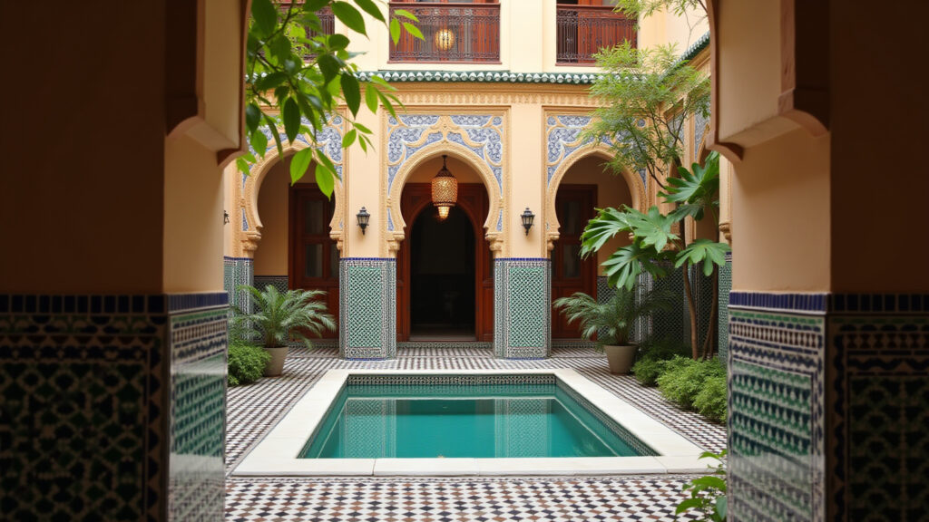 Moroccan riad courtyard, mosaic tiles, professional photography, 8K quality, sharp focus, natural Pátio interno de um riad marroquino.