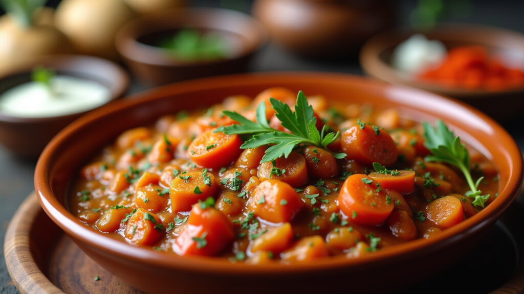 Moroccan tajine, spices, professional photography, 8K quality, sharp focus, natural lighting, food Tajine marroquino com especiarias.