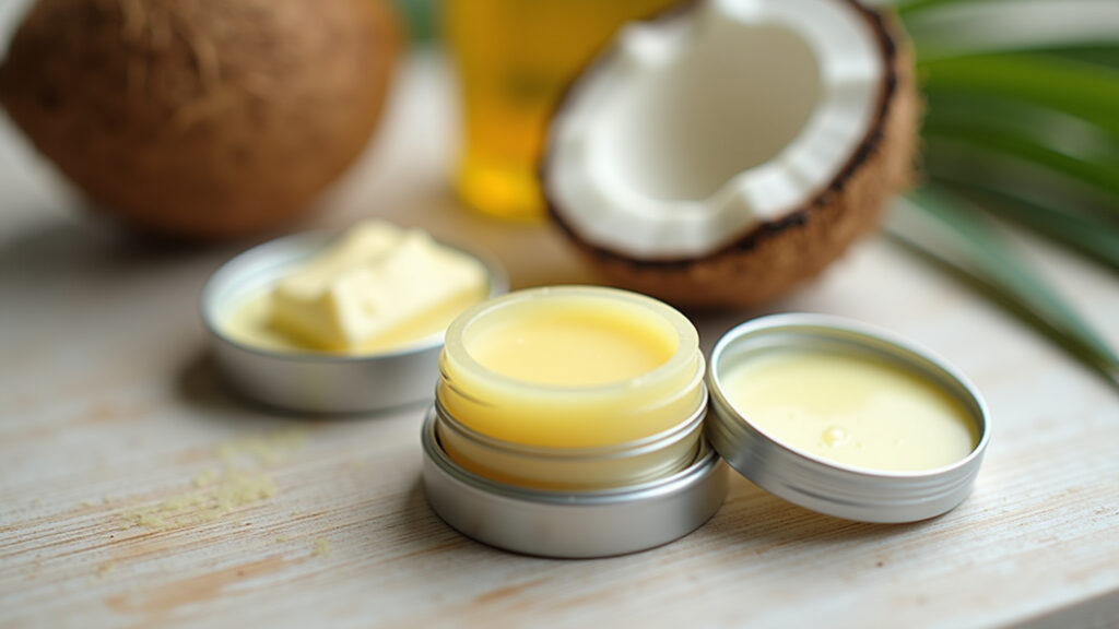 Natural DIY lip balm, shea butter, coconut oil, homemade, soft focus, natural lighting, 8K, Protetor labial natural DIY para lembrancinha de maternidade.