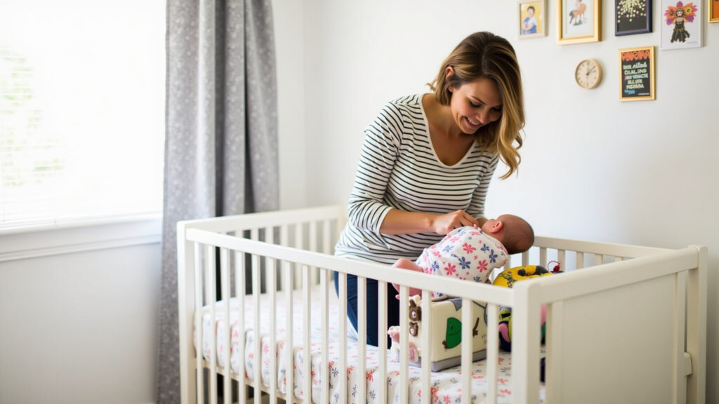 New mom organizing baby supplies, simplifying routine, bright nursery, Brazilian decor, 8K, Mãe organizando os cuidados com o bebê.