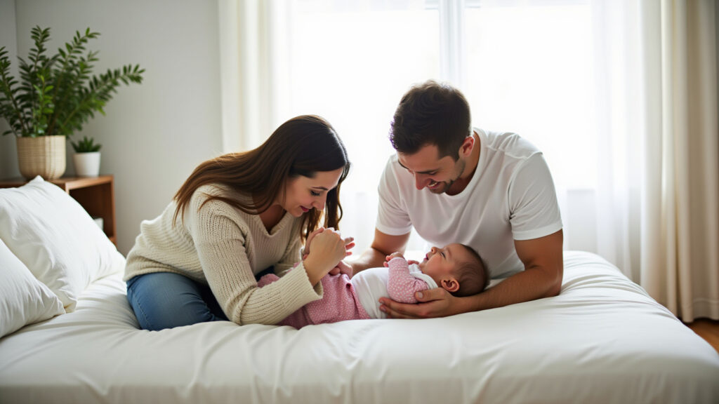 New mom resting while baby sleeps, partner caring for baby, cozy bedroom, natural lighting, 8K, Mãe descansando enquanto o bebê dorme.