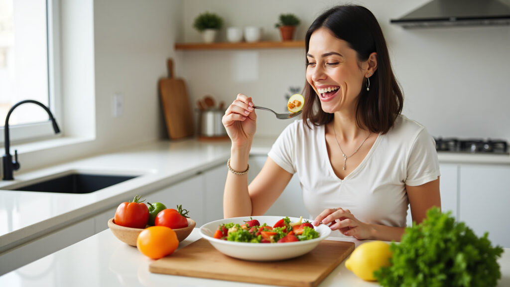 New mother enjoying healthy meal, fresh fruits and vegetables, bright kitchen, Brazilian style, 8K, Mãe se alimentando de forma saudável no pós-parto.