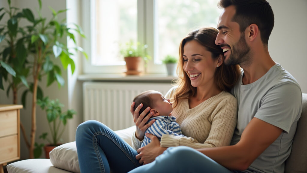 New mother experiencing baby blues, supported by partner in a bright, plant-filled Brazilian Mãe com 'baby blues' recebendo apoio do parceiro.