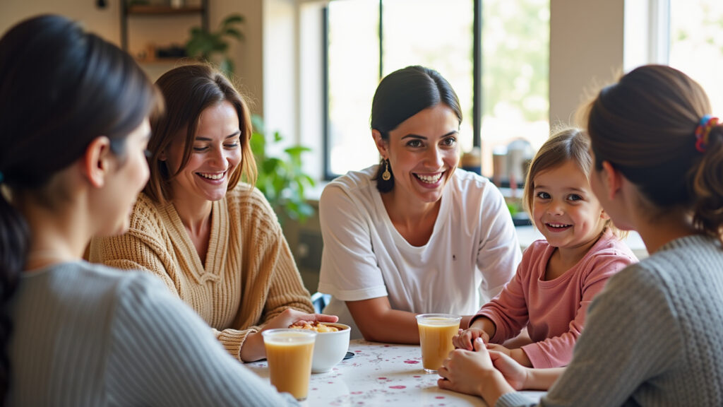 New mothers connecting in support group, sharing experiences, bright cafe, Brazilian setting, 8K, Mães se conectando em grupo de apoio.