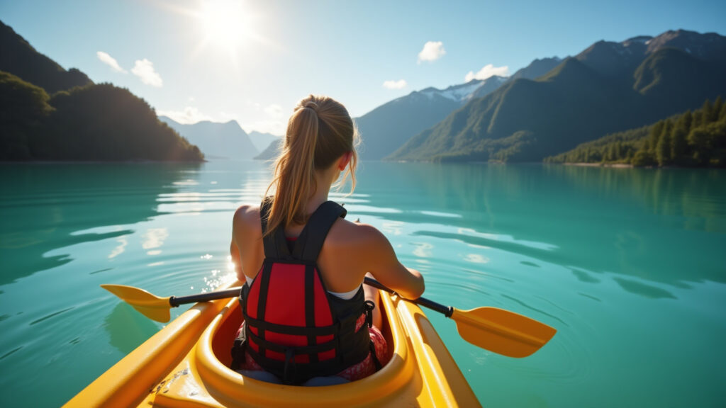 New Zealand summer adventure. Woman kayaking on a clear lake. Professional photography, 8K quality, Mulher praticando caiaque em lago cristalino na Nova Zelândia no verão.
