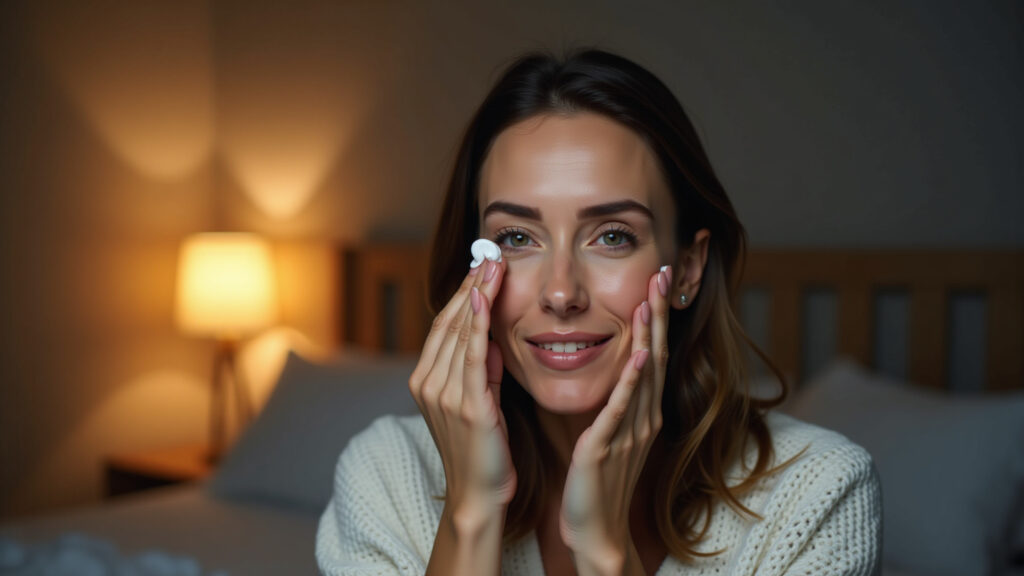 Nighttime skincare routine, woman applying eye cream, relaxing atmosphere, 8k, professional Skincare noturno minimalista.
