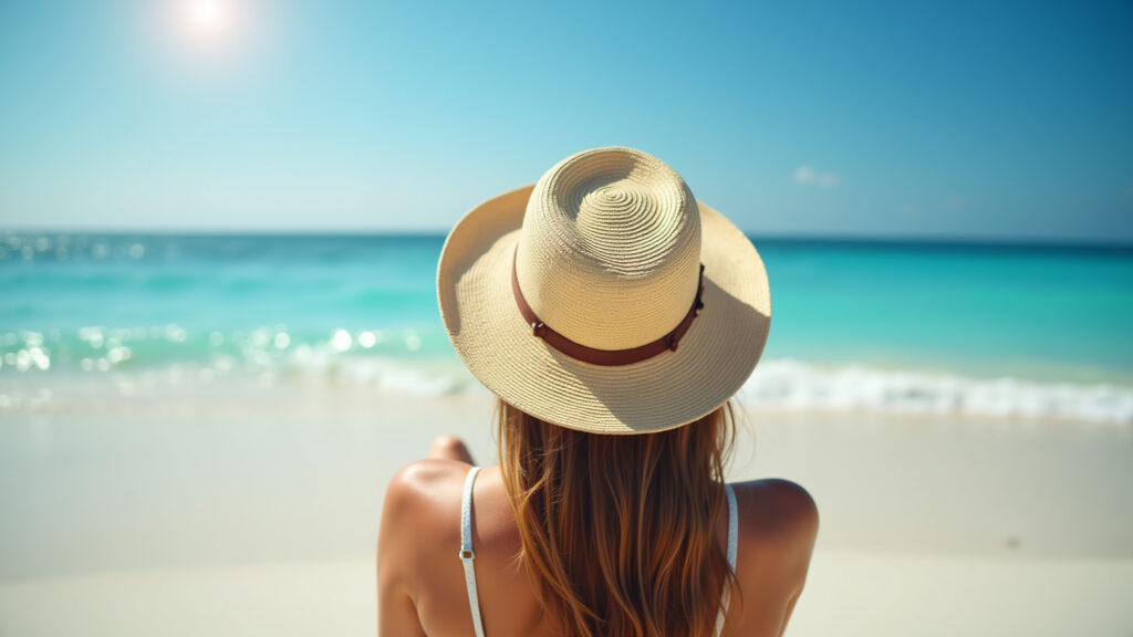Off-season travel, empty beach, sunny day, woman relaxing, straw hat, natural lighting, vibrant Praia deserta na baixa temporada, mulher relaxando.