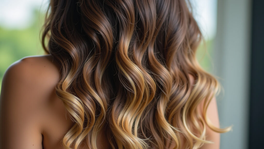Ombré money piece highlights, long hair, natural light, professional photography, 8K quality, Mechas 'money piece' ombré em cabelo longo.