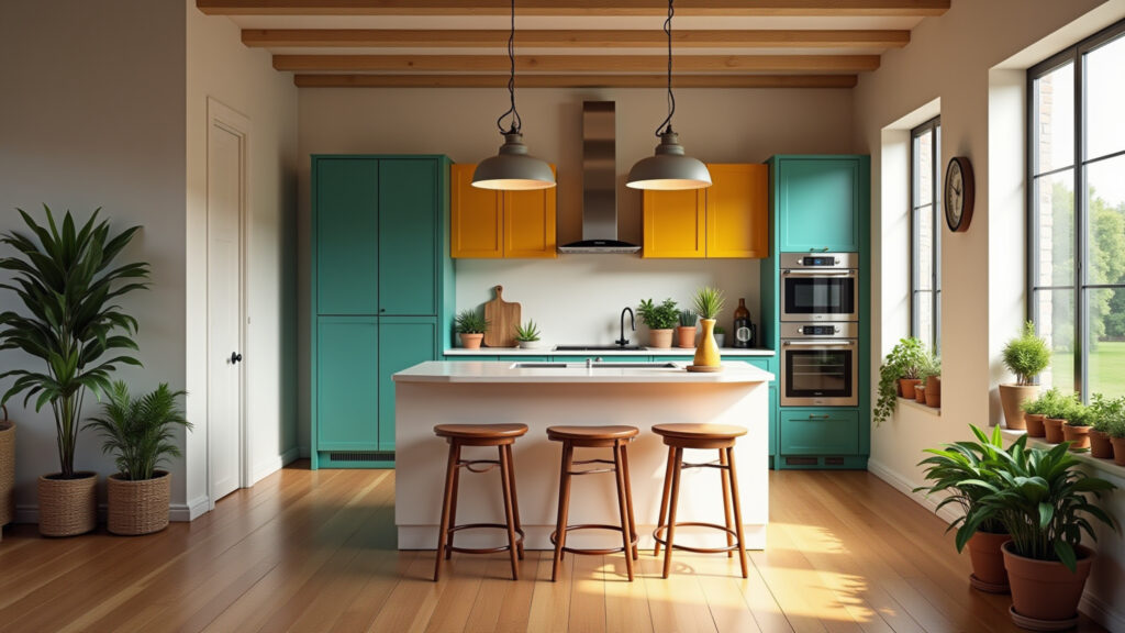 Open concept small kitchen island integrated with living room, vibrant colors, Brazilian design Cozinha integrada à sala com ilha pequena, ampliando o espaço.
