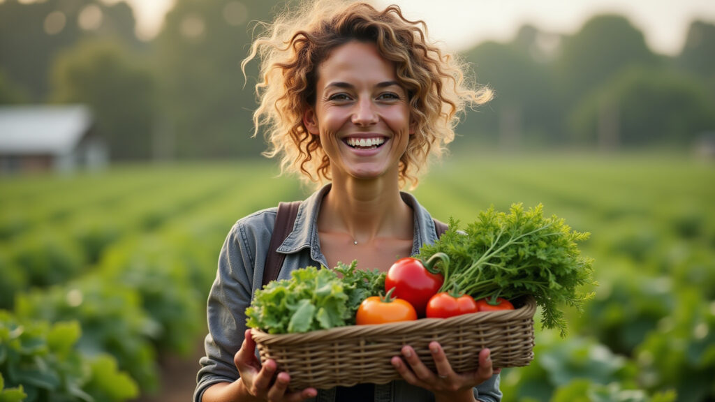 Organic farm, vegan woman enjoying fresh produce, 8K quality, natural lighting, hyper-realistic, Mulher vegana apreciando produtos orgânicos frescos em um destino de turismo rural com foco em agroecologia.