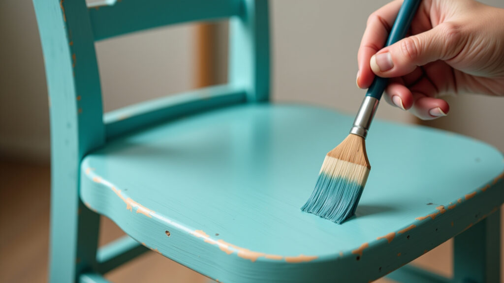 Painting antique chair with chalk paint, turquoise color, soft brush, vintage style, natural light, Pintando cadeira antiga com tinta chalk paint.