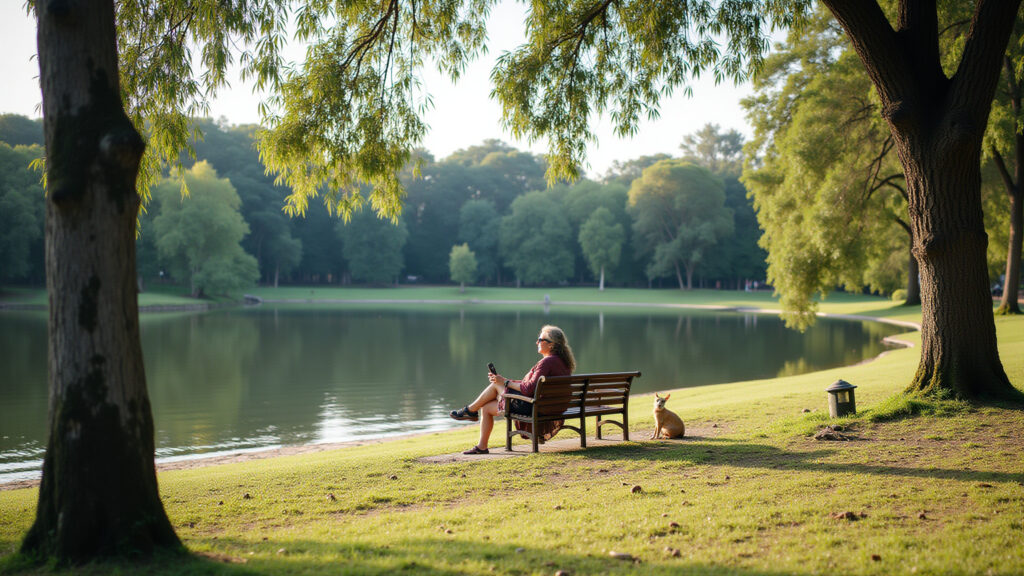 Parque Municipal, Belo Horizonte. Woman relaxing by lake, natural lighting, professional Mulher relaxando no Parque Municipal, BH.