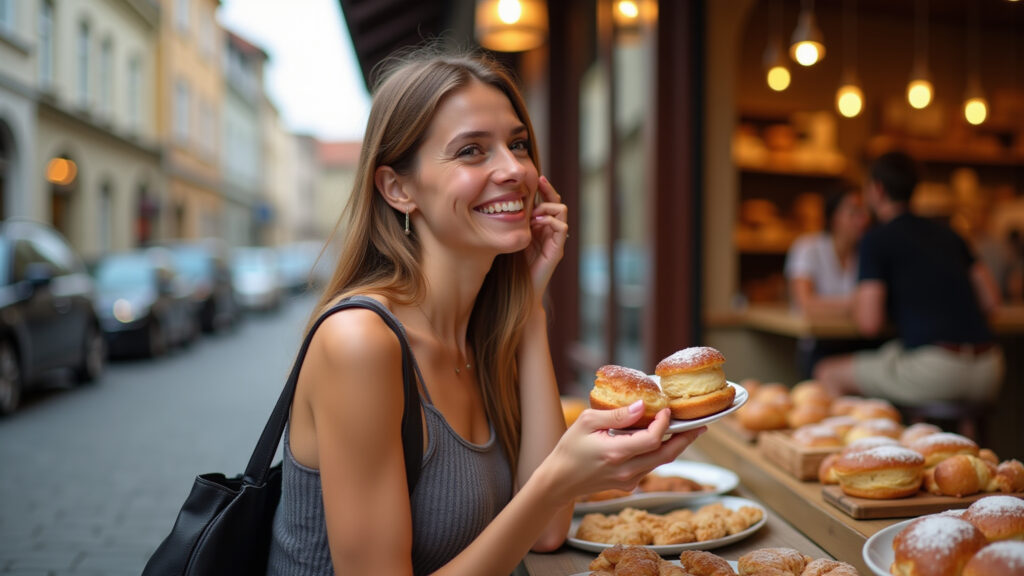 Penedo: Woman enjoying Finnish pastries, European atmosphere, charming shops, natural lighting, Mulher saboreando doces finlandeses em Penedo.