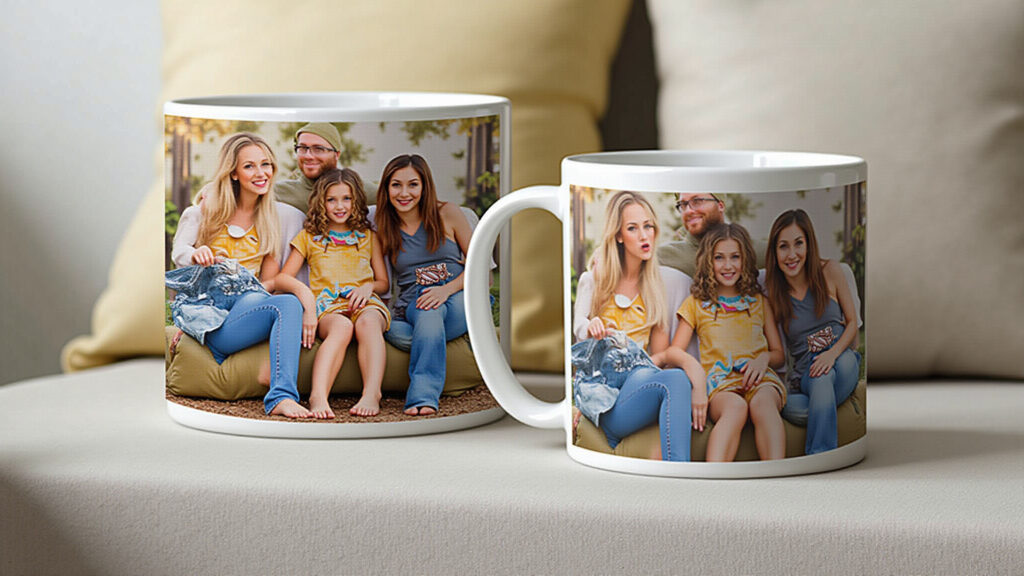 Personalized photo mugs, cushions, home decor, vibrant colors, Brazilian style, lifestyle Canecas e almofadas personalizadas com fotos.
