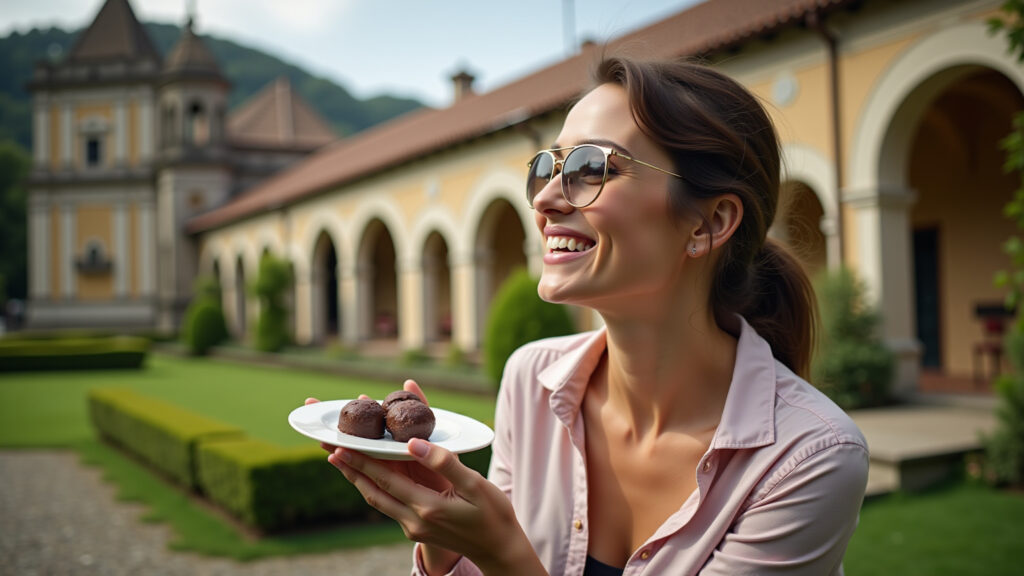 Petrópolis: A serene woman enjoys artisanal chocolates in a charming garden, historic architecture Mulher relaxando em Petrópolis com chocolates artesanais.