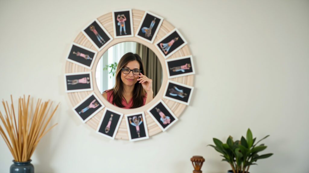 Photos around mirror, optical illusion, home decor, bright space, personal touch, lifestyle Fotos em volta de espelho ampliando o ambiente.