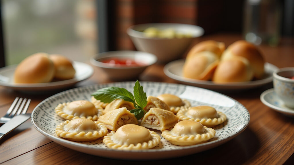 Pierogi tasting, traditional Polish food, wooden table, professional photography, 8K quality, sharp Degustação de pierogi, prato tradicional da culinária polonesa.