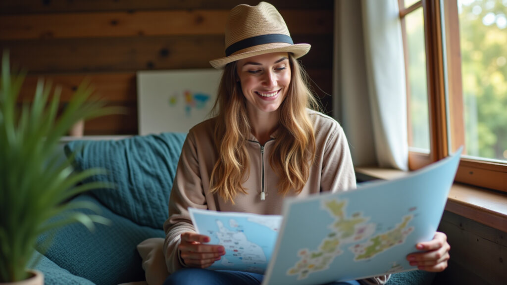 Planning a New Zealand adventure trip. Woman with map, travel guide, and laptop. Natural lighting, Mulher planejando viagem de aventura para a Nova Zelândia.