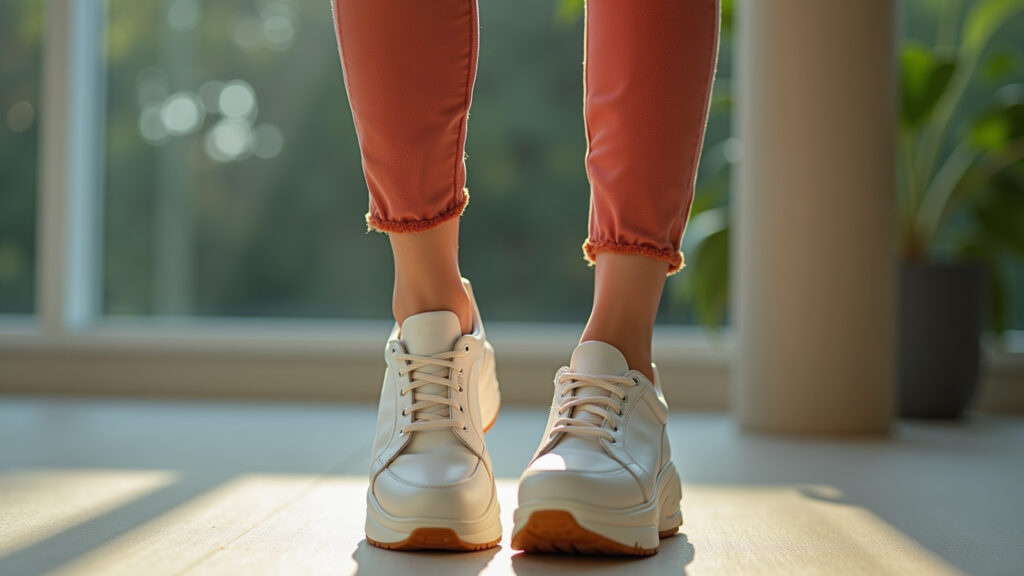 Tênis de plataforma com calças de cintura alta.