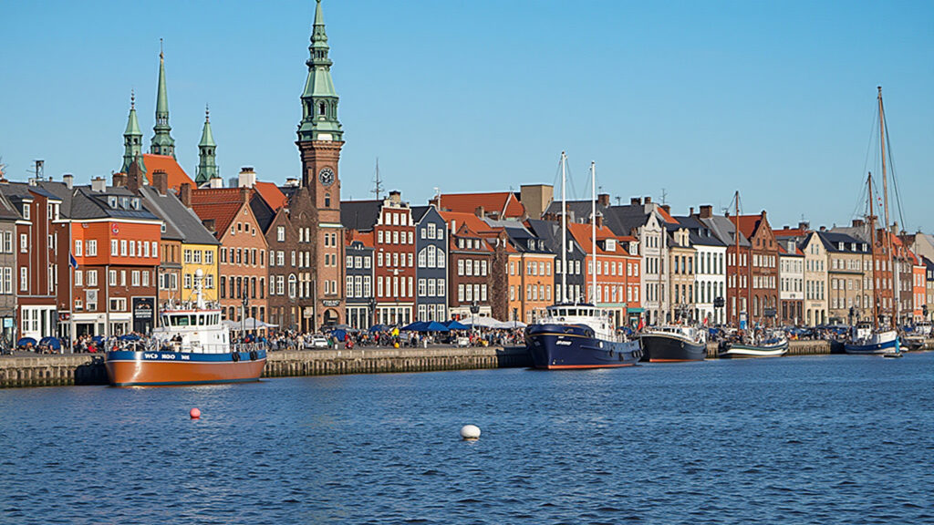 Pomeranian port city, Gdansk waterfront, historic architecture, professional photography, 8K Cidade portuária da Pomerânia, com a orla de Gdansk em destaque.