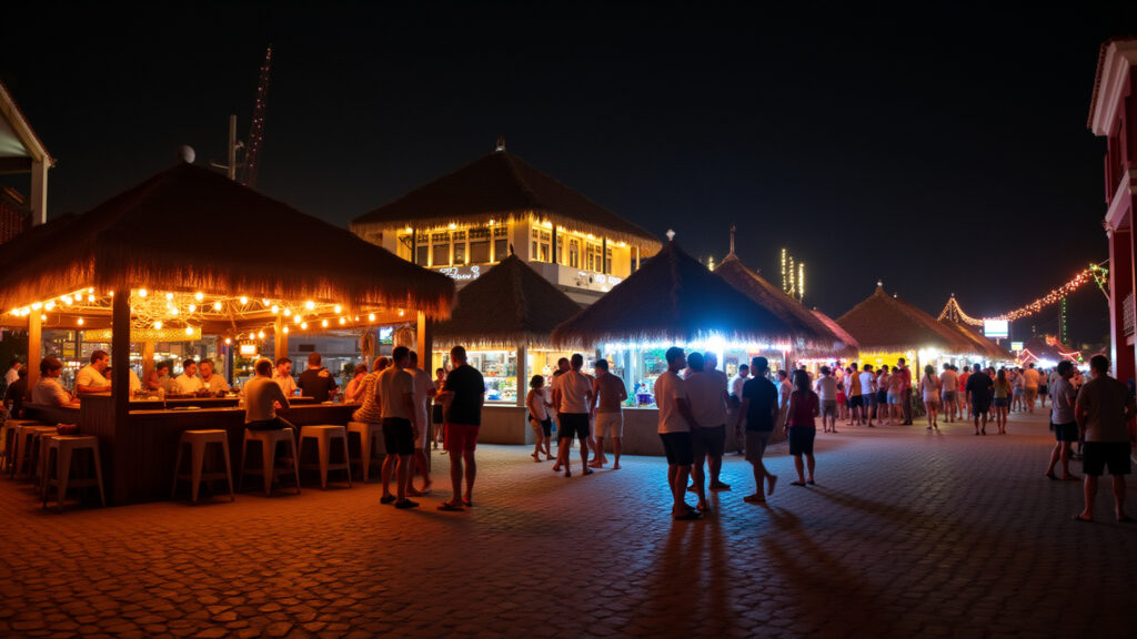 Ponta Negra beach Natal, vibrant nightlife, beach bars, professional photography, 8K quality, sharp Praia de Ponta Negra iluminada no Natal.