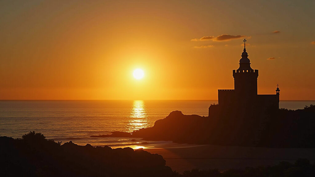 Praia do Forte sunset Natal, Forte dos Reis Magos silhouette, professional photography, 8K quality, Pôr do sol na Praia do Forte em Natal.