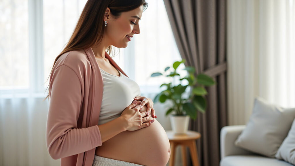Pregnant woman gently touching her belly, singing to the baby. Serene home setting, natural light, Grávida acariciando a barriga e cantando para o bebê.