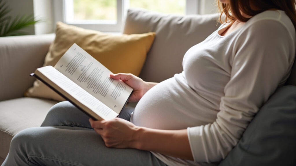 Pregnant woman reading a book about childbirth options, natural birth, cesarean. Cozy living room, Grávida lendo sobre tipos de parto: normal e cesárea.