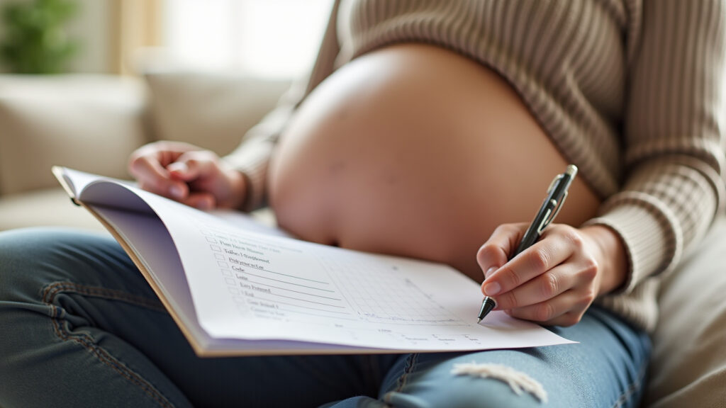 Pregnant woman writing a birth plan, listing preferences. Cozy home setting, natural light, 8K Gestante elaborando plano de parto com suas preferências.