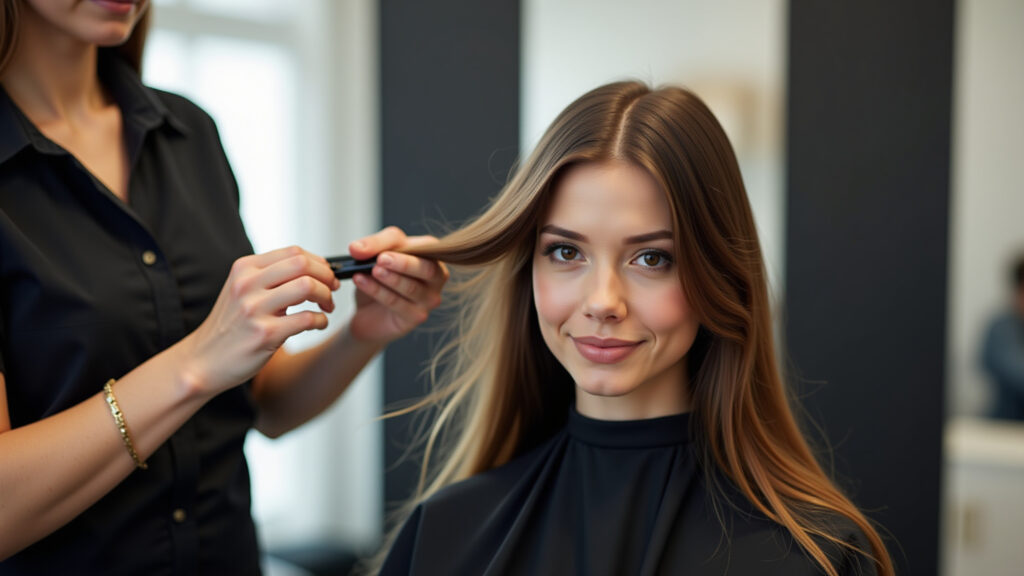 Professional hair stylist performing 'corte bordado' on long brunette hair, salon setting, sharp Corte bordado para remover pontas duplas sem perder comprimento.