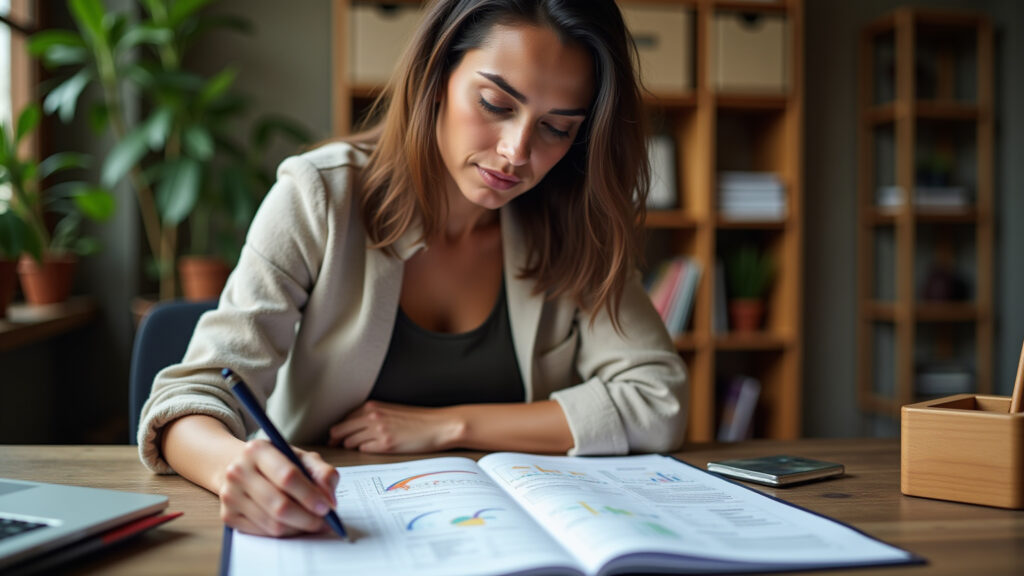 Professional photography of a determined Brazilian woman in her 30s, working on a detailed project Mulher capricorniana focada em planejamento estratégico.
